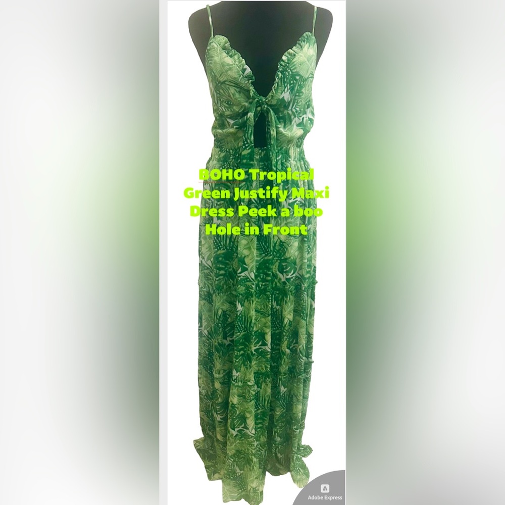 🌴Boho Tropical Green‎ Maxi Dress w/ Peek-A-Boo Hole in Front🌴